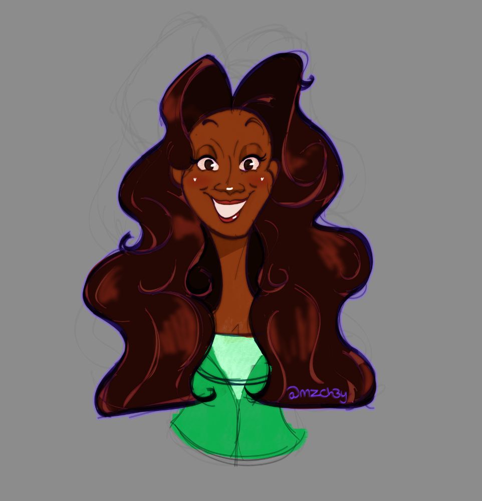 half body art of streamer Jahara Jayde with long wavy curly brown hair and a two tone green top and cardigan