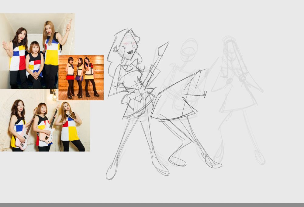 unfinished sketch of the band Shonen Knife with 3 members holding guitars and drumsticks