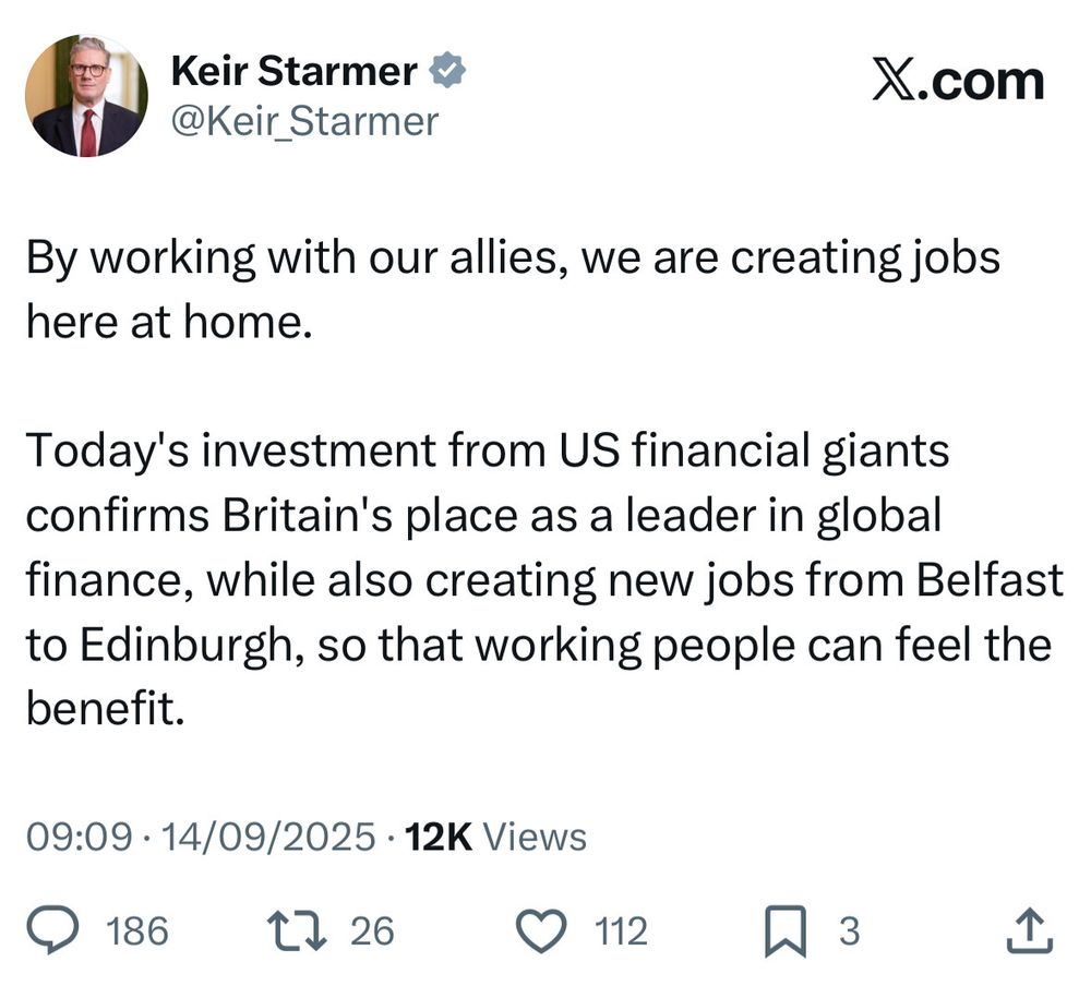an image of keir starmer's most recent tweet about investment in British jobs and NOTHING about yesterday's far right march