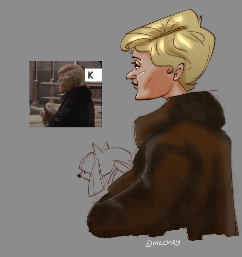 side profile portrait study of an older woman with blonde short cut hair holding a dog and a big fluffy dark brown coat