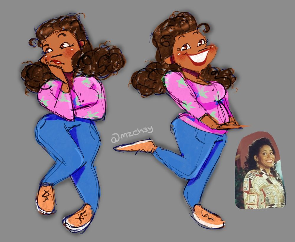 2 full body coloured sketches synclaire james from the show living single. In the first sketches she's looking over her shoulder quizically with her arms crossed and a pointed finger, with one leg slightly lifted.

In the 2nd sketch shes looking at the viewer with her hands down clasped together with one leg raised backwards smiling.

Shes wearing a light pink and green patterned top, blue jeans, peach and white trainers and curly afro hair