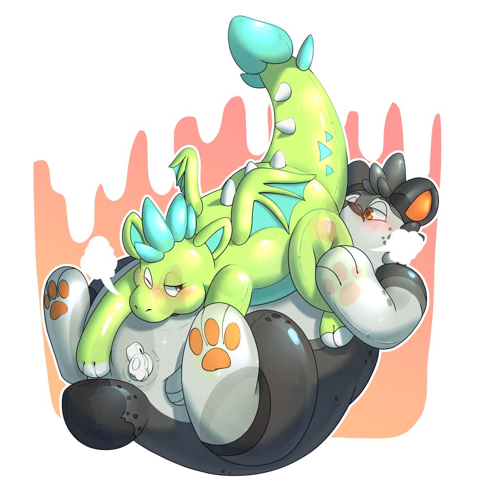 Two inflatable toys playing lewdly : The green dragin is sucking the penis of the grey snow leopard while the latter blows in the former's ass