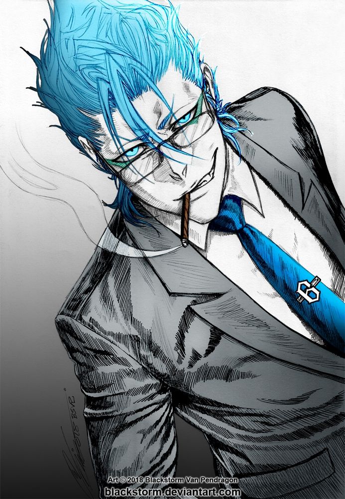 Grimmjow Jaegerjaquez as a crime boss or something, in a suit, wearing glasses.