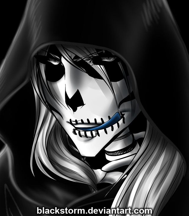 Old black and white Halloween theme BLEACH fanart of a close up portrait of a mysterious Hollow Ichigo in simple skeleton face and body paint, wearing a black hooded outfit. With a hint of blue colour, of his tongue licking his lips.