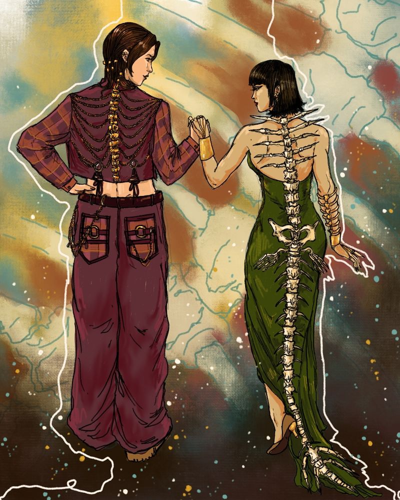 Two women holding hands in front of a starry background with a faint ribcage painted on. One woman is wearing a dark red suit with plaid sleeves and pocket decals on the pants. It has a golden metal skeleton and chains to mimic a ribcage on the back. The other woman has a green strapless dress on ans a large skeletal ornament that goes from ner neck to feet and trails behind her, appearing to be an animal with a tail's spine