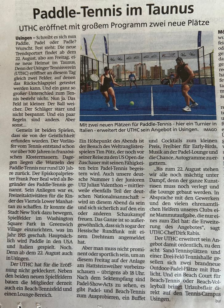 Bericht über Eröffnung der Padel-Anlage in Usingen am Freitag.