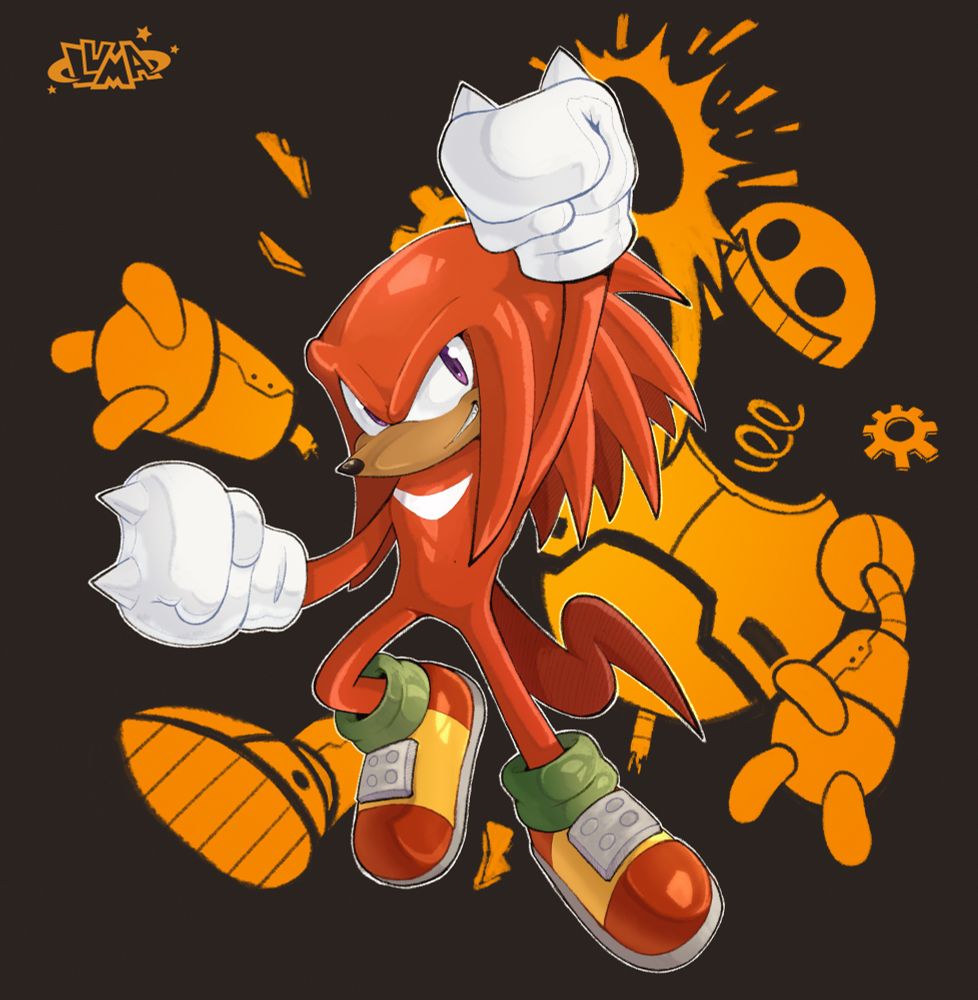 An illustration of Knuckles throwing n uppercut with a cocky smile. The background shows the silhouette of an Egg Pawn being torn to pieces by the hit.