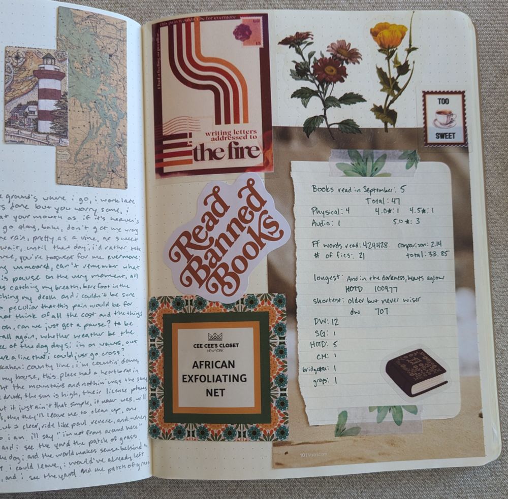 A journal spread featuring partial song lyrics and a map and lighthouse on the right. On the left is a label from an exfoliating net, a beachy scrap paper with a notebook page on top with reading stats, a "read banned books" sticker, a few burgundy and yellow flowers, a stylized sticker with the words "writing letters addressed to the fire", and a small stamp with a coffee cup and "too sweet" on it.