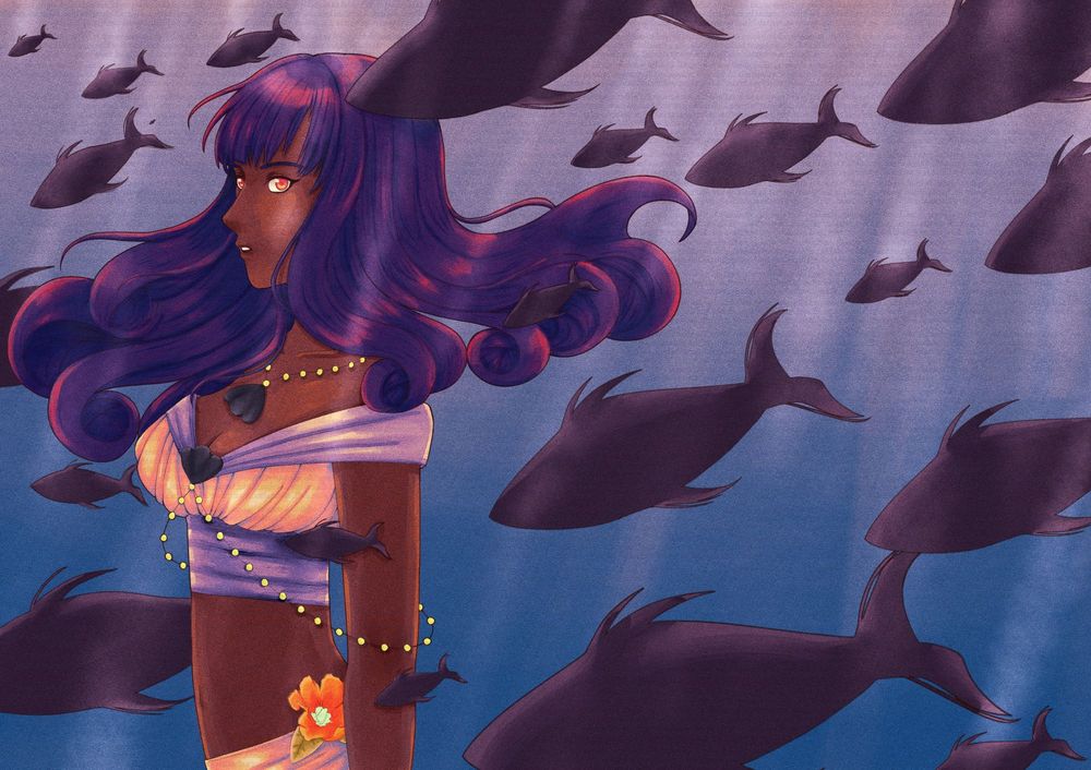 girl mermaid with wavy hair under the sea with a school of fish
