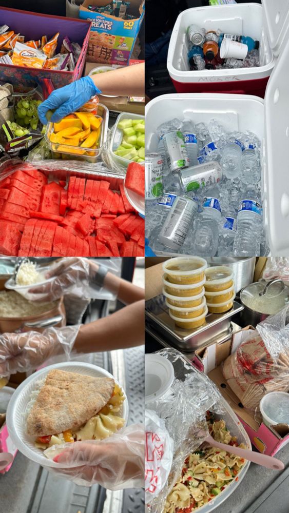 A grid of four images. Hands in nitrile gloves plate and serve fresh fruit, bottled water, pita bread with rice and curry, many tubs of food and snacks.