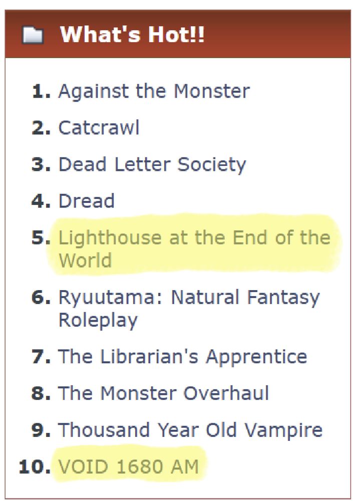 The IPR What's Hot list. #5 is Lighthouse at the End of the World and #10 is VOID 1680 AM.