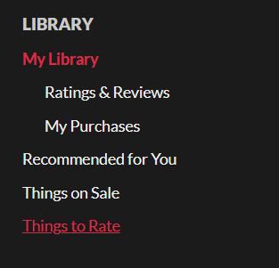 The sidebar in itch's My Library with options including, at the bottom, "Things to Rate"