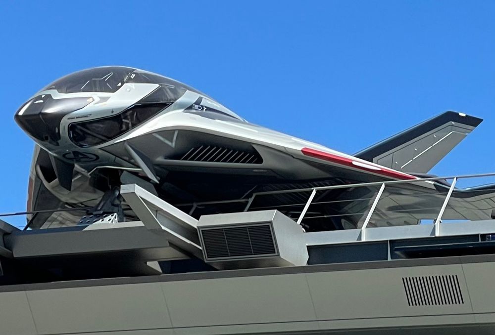 Avengers Quinjet atop gift shop in Avengers Campus at Disney California Adventure.  