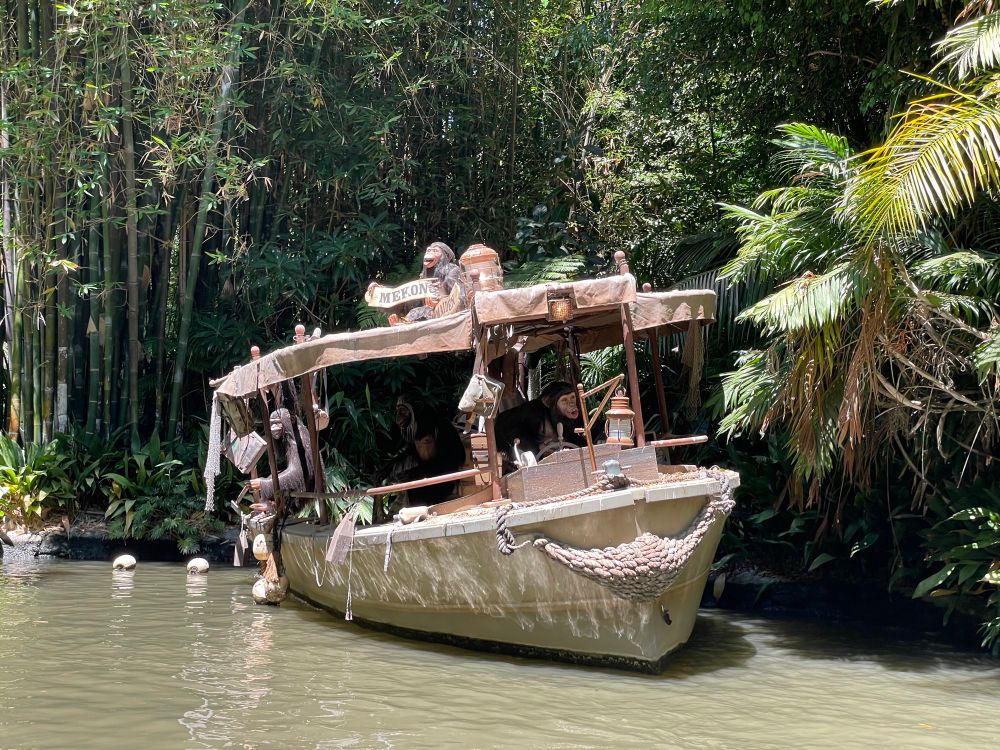 Monkeys have taken over this abandoned Jungle Cruise boat.  