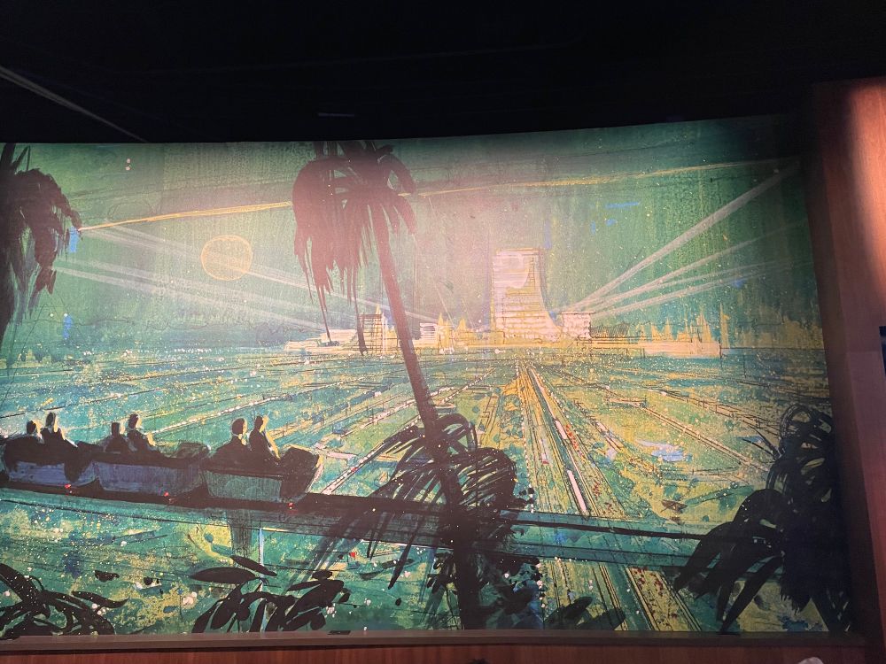A mural depicting the Experimental Prototype Community of Tomorrow, with a depiction of the long lost Disneyland PeopleMover in the foreground.  Bring it back!!!