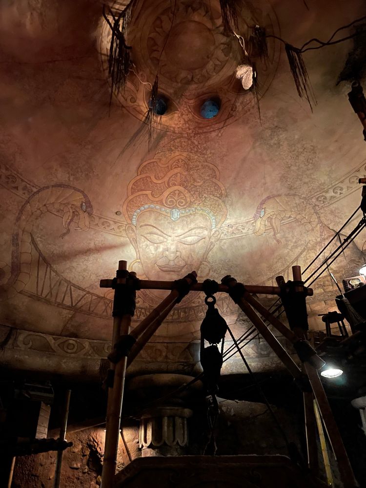 Ceiling in the queue of the Indiana Jones Adventure at Disneyland, featuring a painting of the goddess Mara, as well as the infamous “don’t pull this rope” rope.  I pulled it, and then guests behind me pulled it.  I’m not sure people understand they’re SUPPOSED to pull the rope despite the posted sign.   