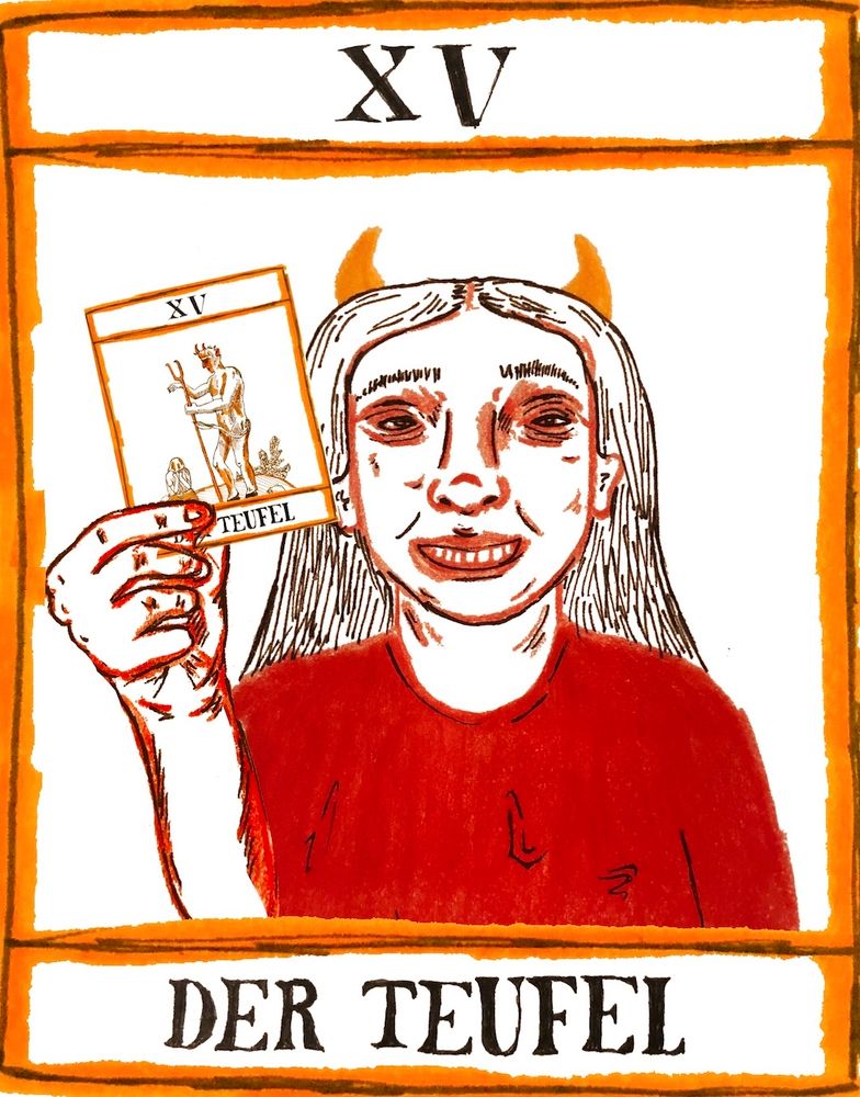 A hand-drawn illustration of a person with small horns holding a Devil tarot card. The top of the image has the Roman numeral XV, and the bottom reads "DER TEUFEL."