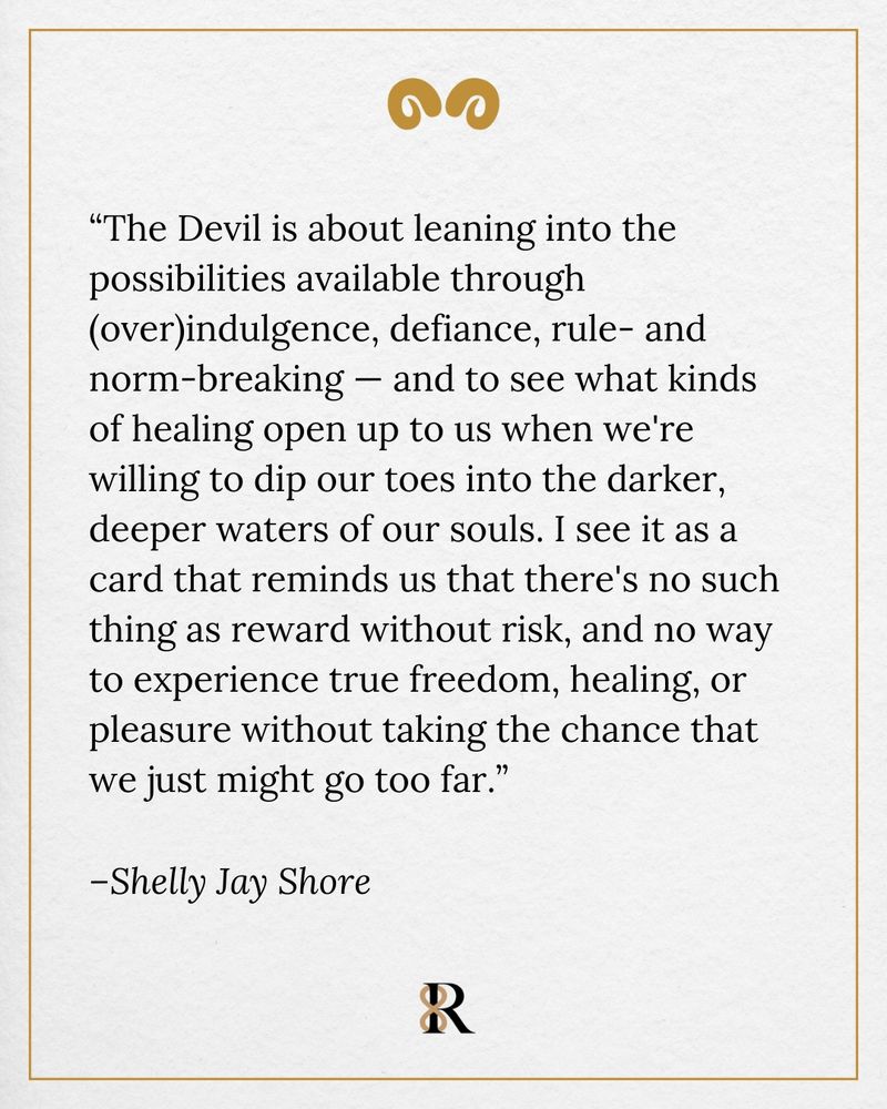 A digital quote card with a cream background and a gold border features a quote by Shelly Jay Shore. The quote explores the meaning of The Devil tarot card, highlighting themes of indulgence, defiance, and healing through risk. 