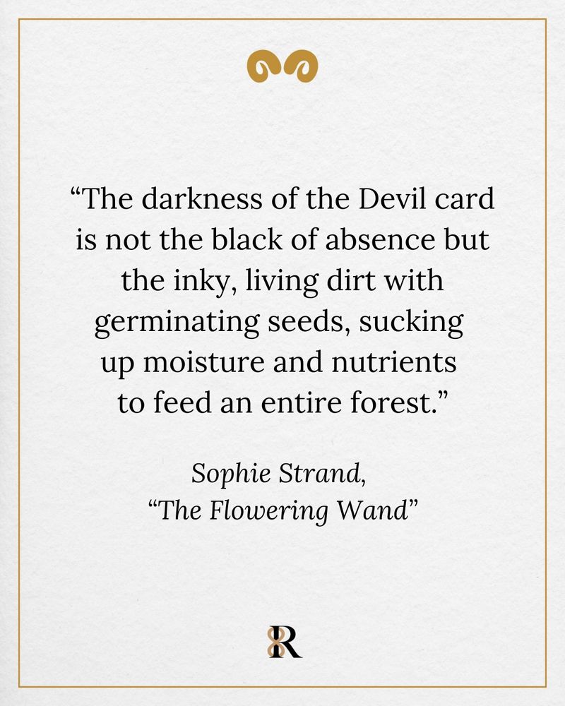A quote from Sophie Strand's *The Flowering Wand* reads: “The darkness of the Devil card is not the black of absence but the inky, living dirt with germinating seeds, sucking up moisture and nutrients to feed an entire forest.” The text is centered on a textured white background with a thin gold border, a gold decorative flourish at the top, and a black and gold monogram logo at the bottom.