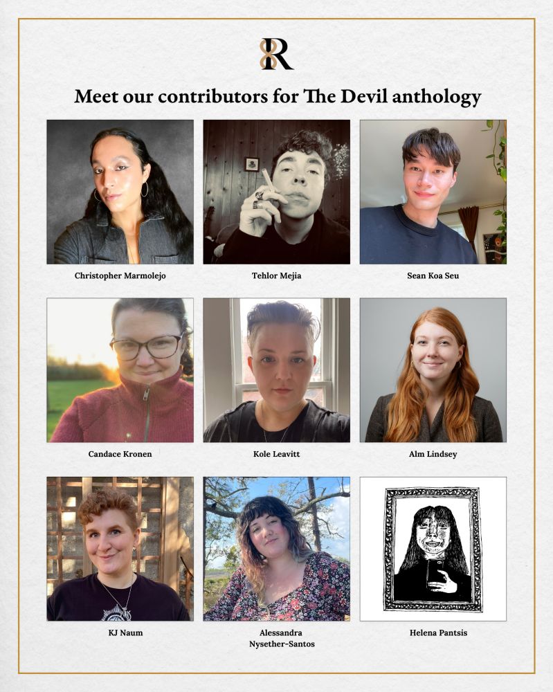 A promotional graphic titled “Meet our contributors for The Devil anthology. It features nine contributors, each with a portrait and their name.