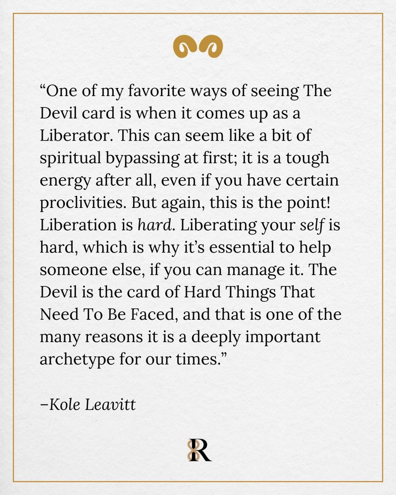 Quote by Kole Leavitt about The Devil tarot card as a Liberator, on a white background with gold border.