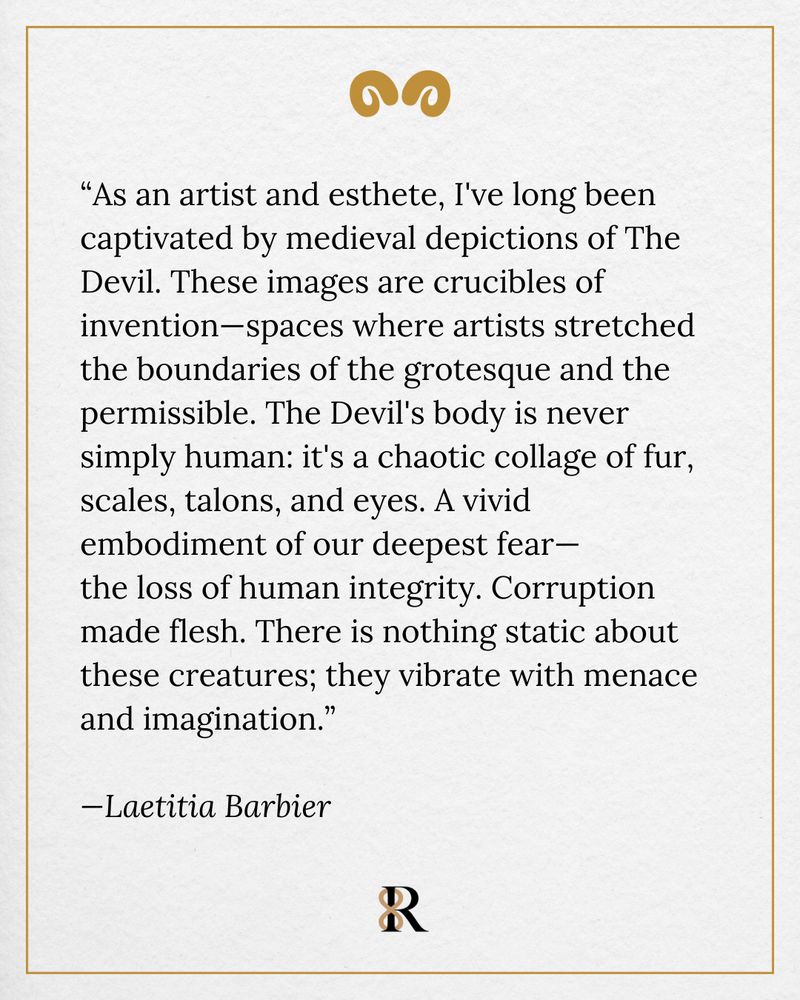 A quote on a textured, cream-colored background with a gold decorative flourish at the top and a small black-and-gold emblem at the bottom. The quote, attributed to Laetitia Barbier, discusses the allure of medieval depictions of the Devil as grotesque and imaginative embodiments of fear and corruption, portraying them as dynamic, chaotic figures composed of animalistic features like fur, scales, and talons.