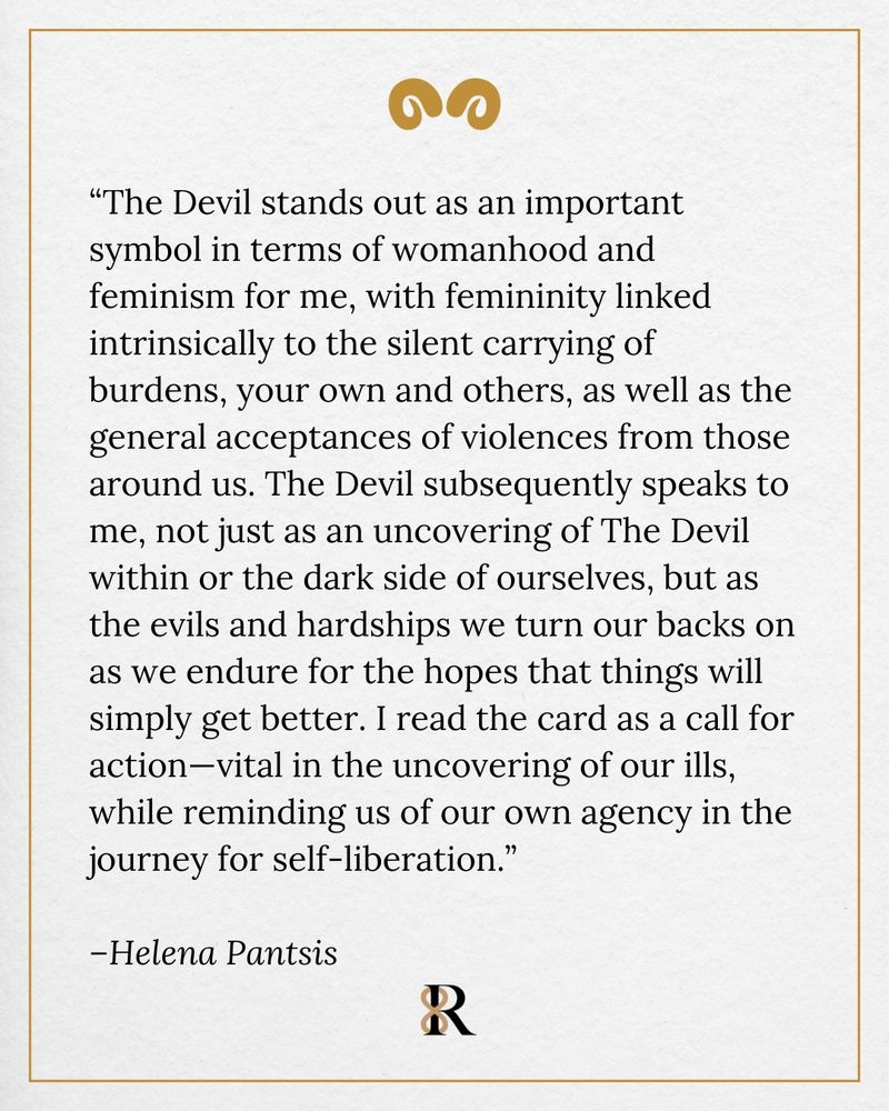 A quote by Helena Pantsis about the Devil tarot card, framed in a decorative border with a gold emblem at the top and a logo at the bottom.