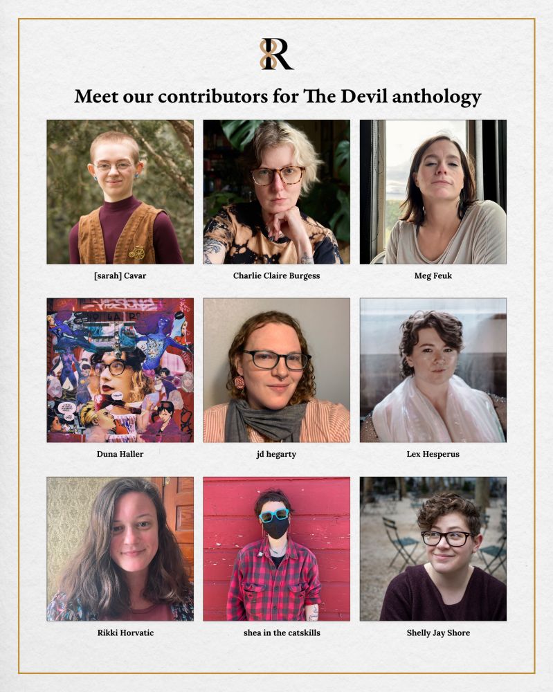 A promotional graphic titled “Meet our contributors for The Devil anthology. It features nine contributors, each with a portrait and their name.