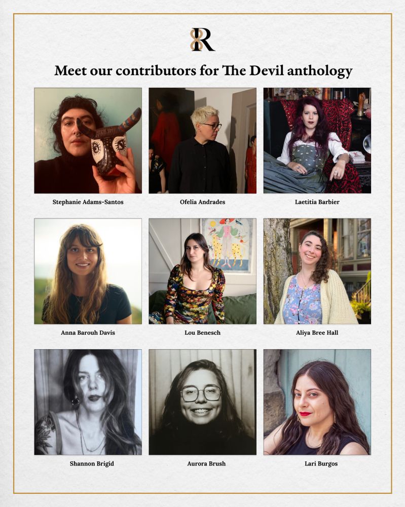 A promotional graphic titled “Meet our contributors for The Devil anthology. It features nine contributors, each with a portrait and their name.
