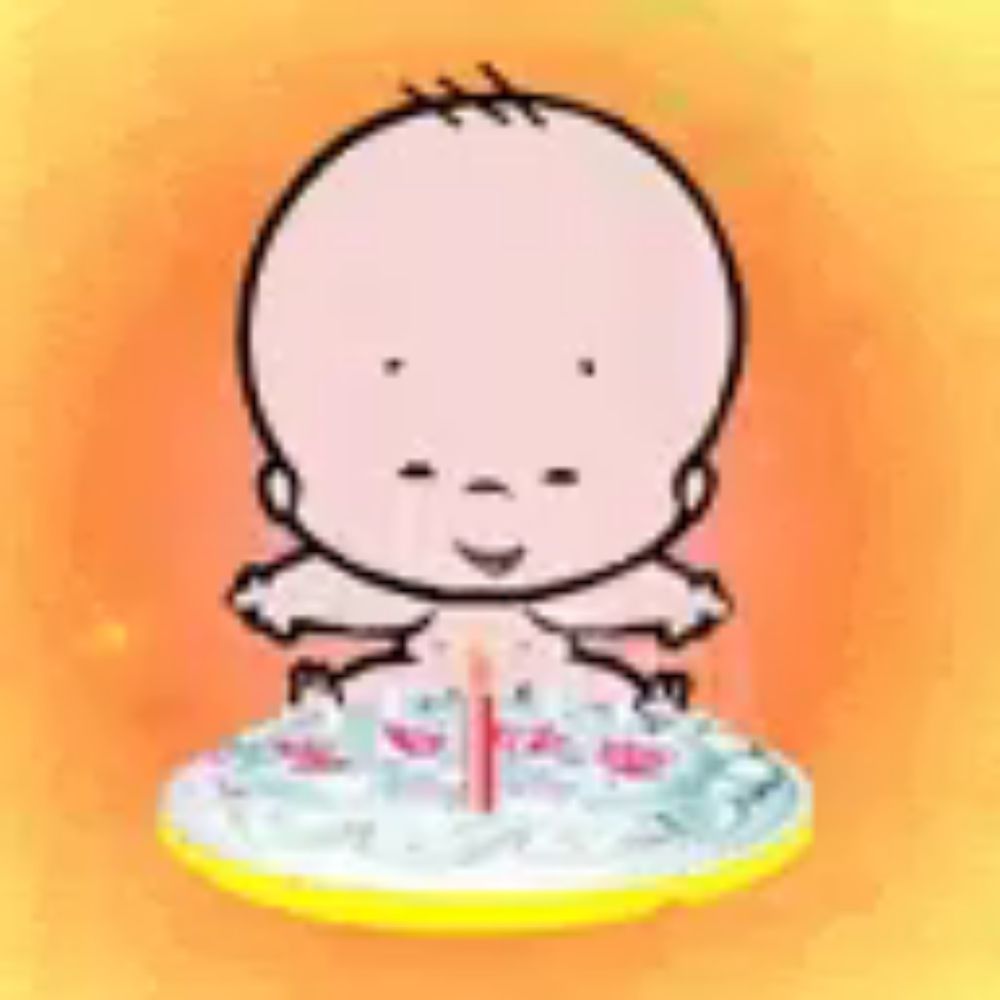 a cartoon baby is sitting on a cake with a candle .