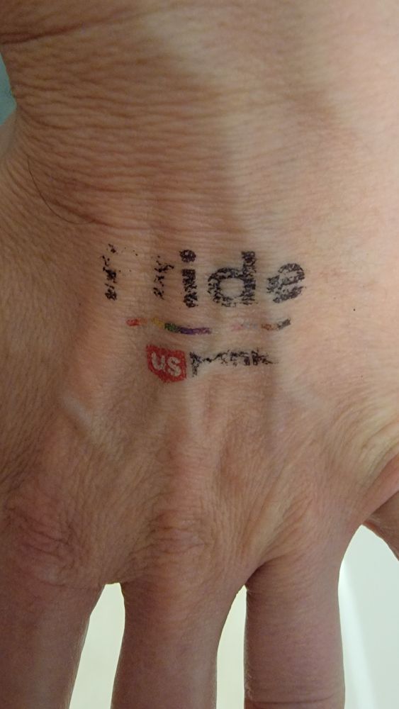 A faded temporary tattoo on the back of my hand. It originally said "Pride," but the P is mostly worn away. The rest of the tattoo isn't doing so hot either.