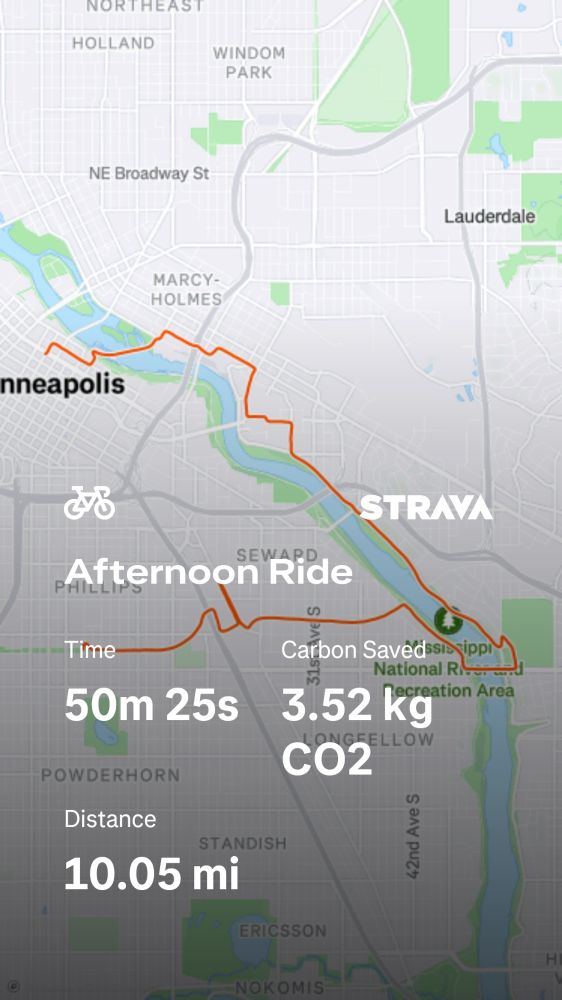 A Strava map of my commute from the office downtown, through the U of MN campus and down the east bank of the Mississippi, crossing back into Minneapolis at Marshall and home along the Greenway, with a stop to pick up my dog from daycare along the way.