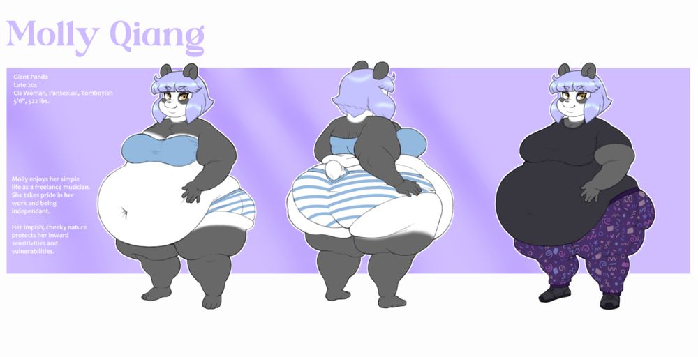 Reference sheet depicting a cute and very fat anthropomorphic giant panda woman wearing underwear in 3/4 view front and back and an additional view of her with clothing on