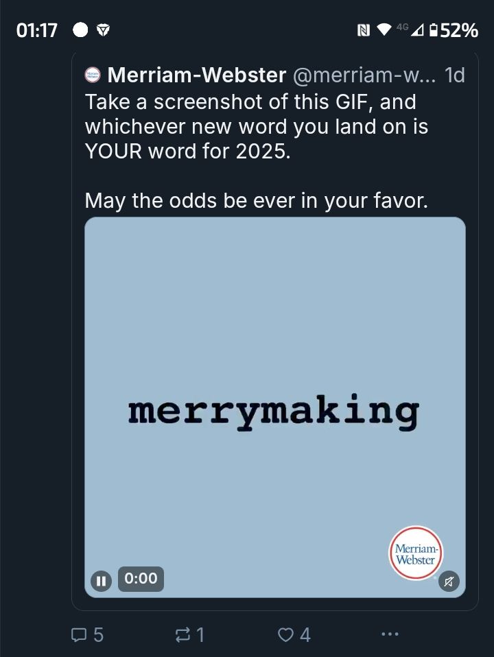 A screenshot of the merriam-webster post with the gif frozen at the word 'merrymaking'.