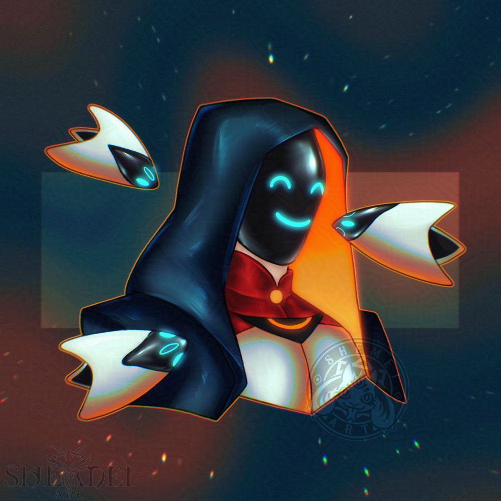 Image depicting robot looking humanoid with smiley face on screen and with hood on head. There are three little robots flying around them.

Character belongs to @voidtech.bsky.social