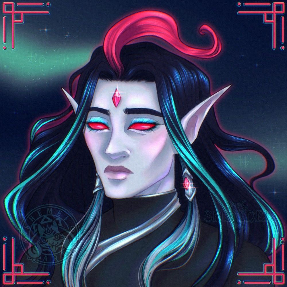 Portrait of character with long flowy hair (they are dark blue, cyan and silver with one red streak on the top of their head). Character have long elf like ears and pale skin. Their eyes are pink and there is pink stone in the middle of their forehead. 

Character belongs to @tkacz.bsky.social