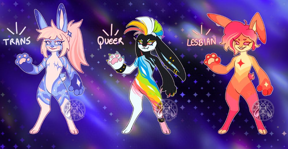 Three bunny adopt designs on purple background with rainbows and sparkles.
First bunny is blue-white-pink with markings resembling stars and couds. They have stylized top surgery scars in shape of sparkles. They have "TRANS" written near them. 
Second bunny is black/white with light blue, darker blue, neon green, yellow, reddish pink and light pink assymetrical markings on body. They have mohawk on head and long, lop ears with piercings. They have "QUEER" written near them. 
Third bunny is in the orange/pink colors resembling lesbian pride flag. They have "LESBIAN" written near them.