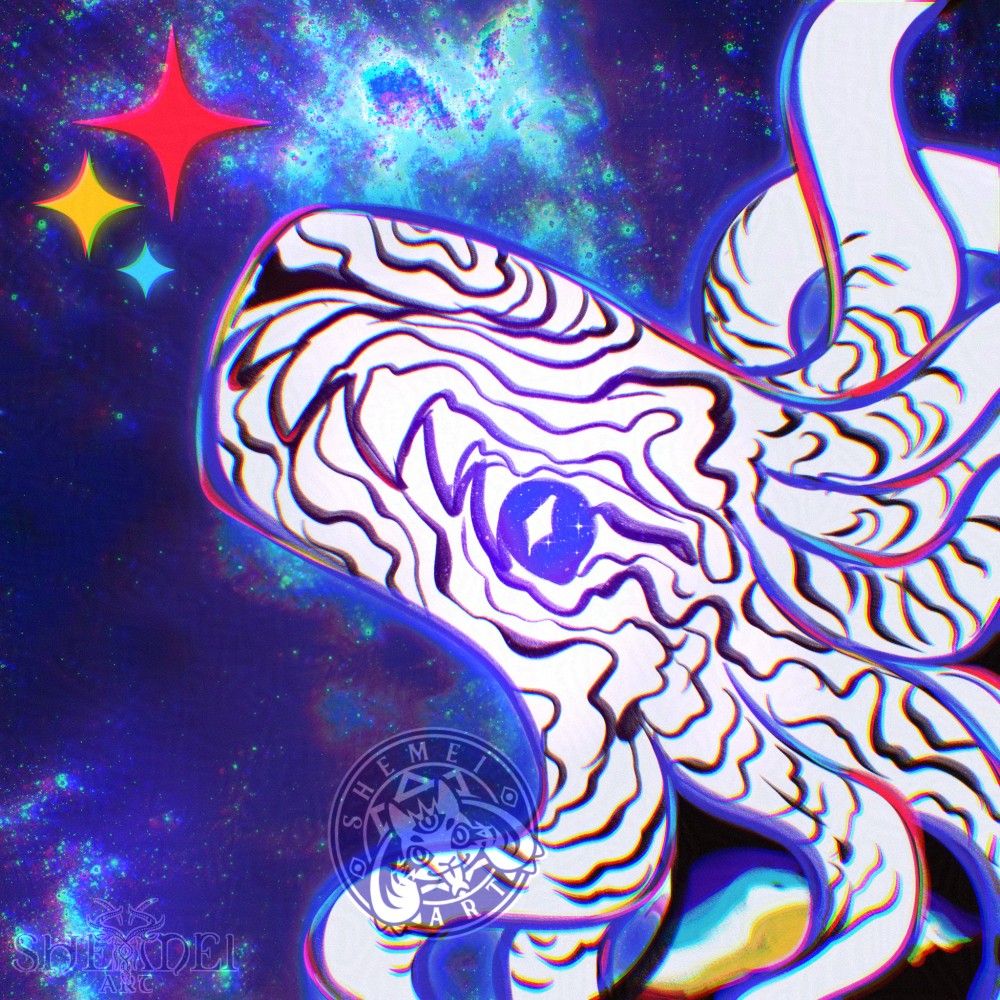 Digital portrait of cosmic creature  with thite head, many tentacles and almst invisible mouth and eye - they are white with squiggly black markings and are looking at three stars in red, yellow and blue colors. Whole piece is done on space background and is heavy with chromatic aberration.

Character belongs to @voidtech.bsky.social 