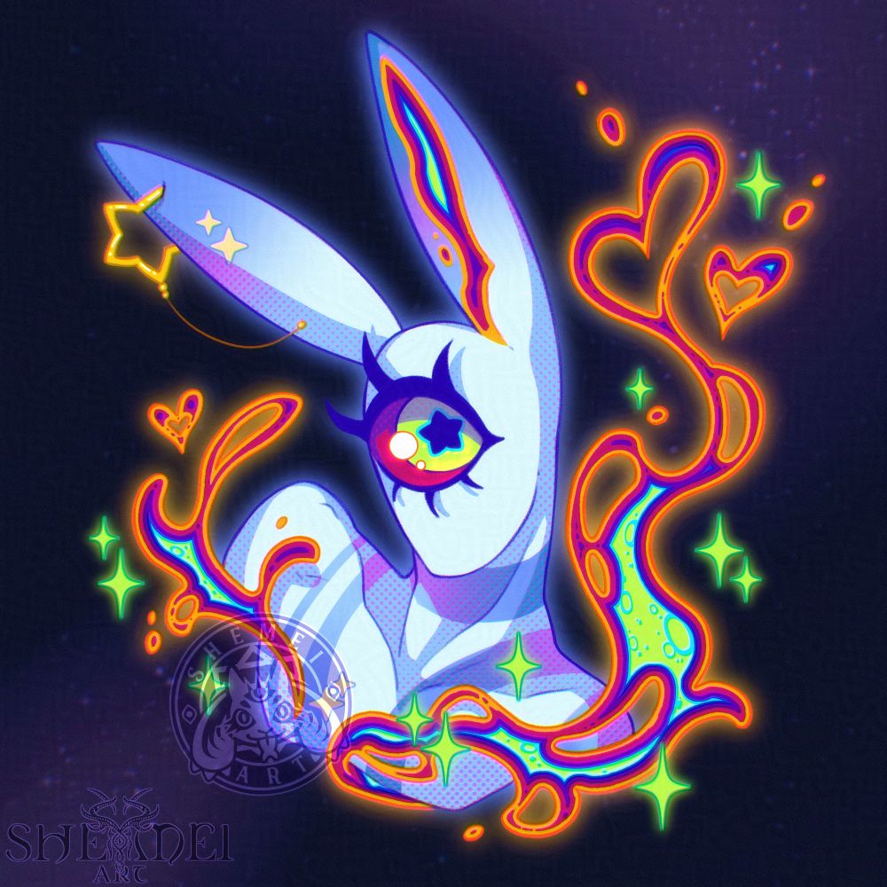 Digital portrait of bunny looking cyclops alien with colorful bursts of energy and sparkles around them.

Character belongs to @ymbrynae.bsky.social 