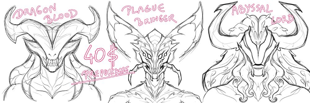 Rough sketch of three bust designs with their names: Dragon Blood, Plague Bringer and Abyssal Lord