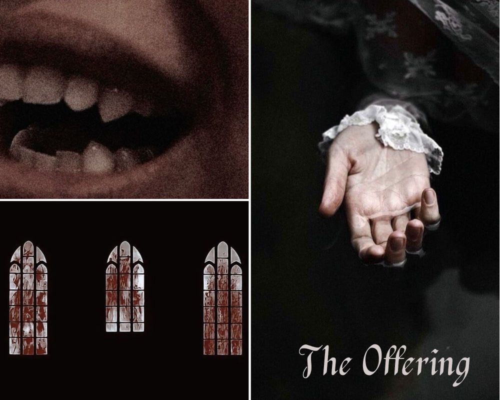 a collage of three pictures. Up on the left side there is a picture of a mouth opened to show pointed vampire canines. Below there is a picture of three glass windows in a gothic style, they are bloodied. On the right side there is a bigger picture showing a pale hand coming out of a dark space.