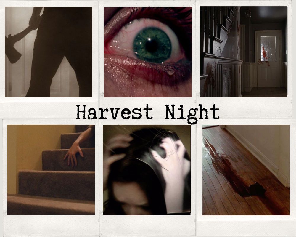 a moldboard for the fic Harvest Night showing off the silhouette of a killer holding an axe, a dilated pupil, the hallway of a house with a door and a smudge of blood on it, a picture of a staircase with someone laid on it but only their hand is visible, a man holding his head in his hands and a wooden floor with blood smudged on it