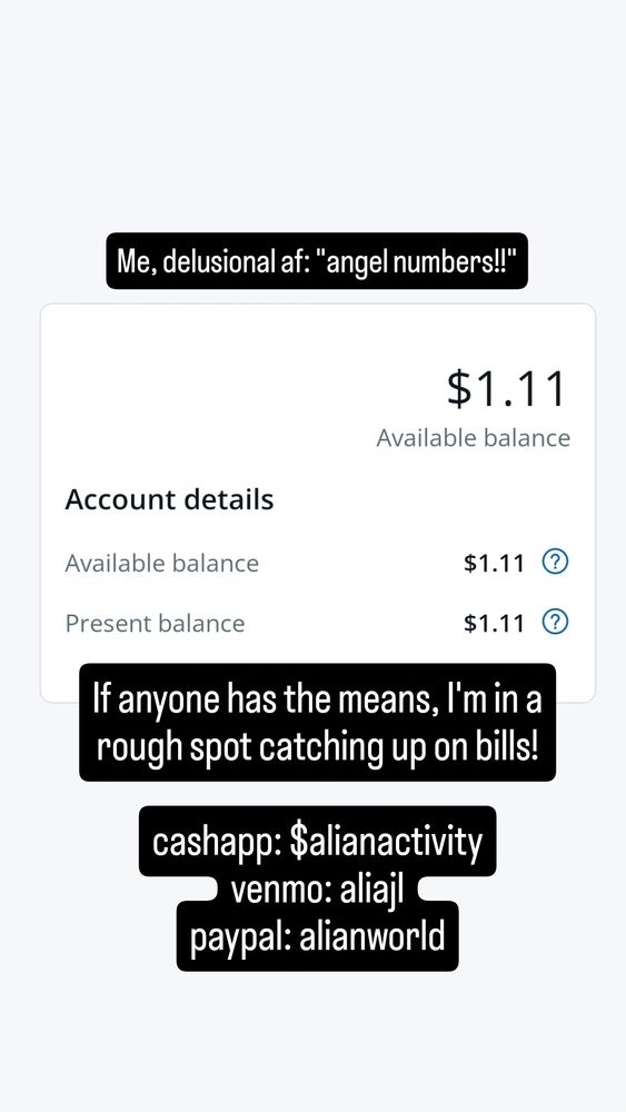 Screenshot of a bank account showing $1.11 available balance. 