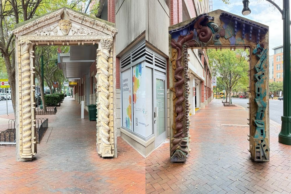 Photo of each side of a decorative door archway on the sidewalk.