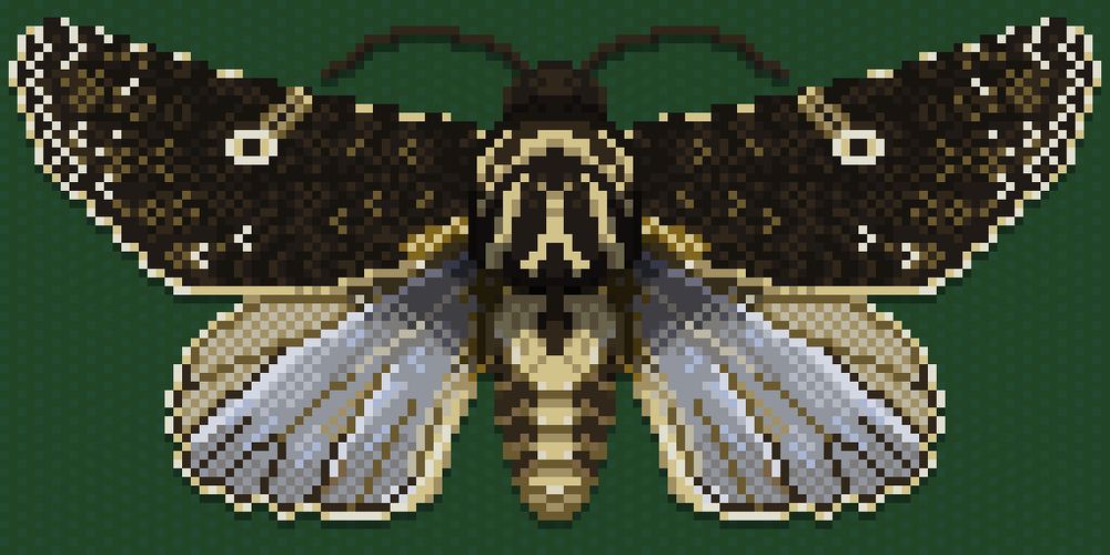 Pixel art of an afflicted dagger moth, wings spread out from the top down as if a specimen. It is a more brown and silver variant. 