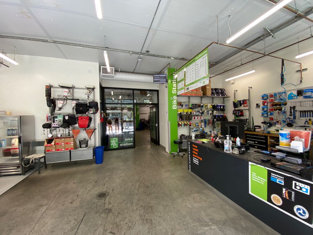 Inside of the Bike Station at Berkeley BART, with rentals, repairs, storage, and accessories available