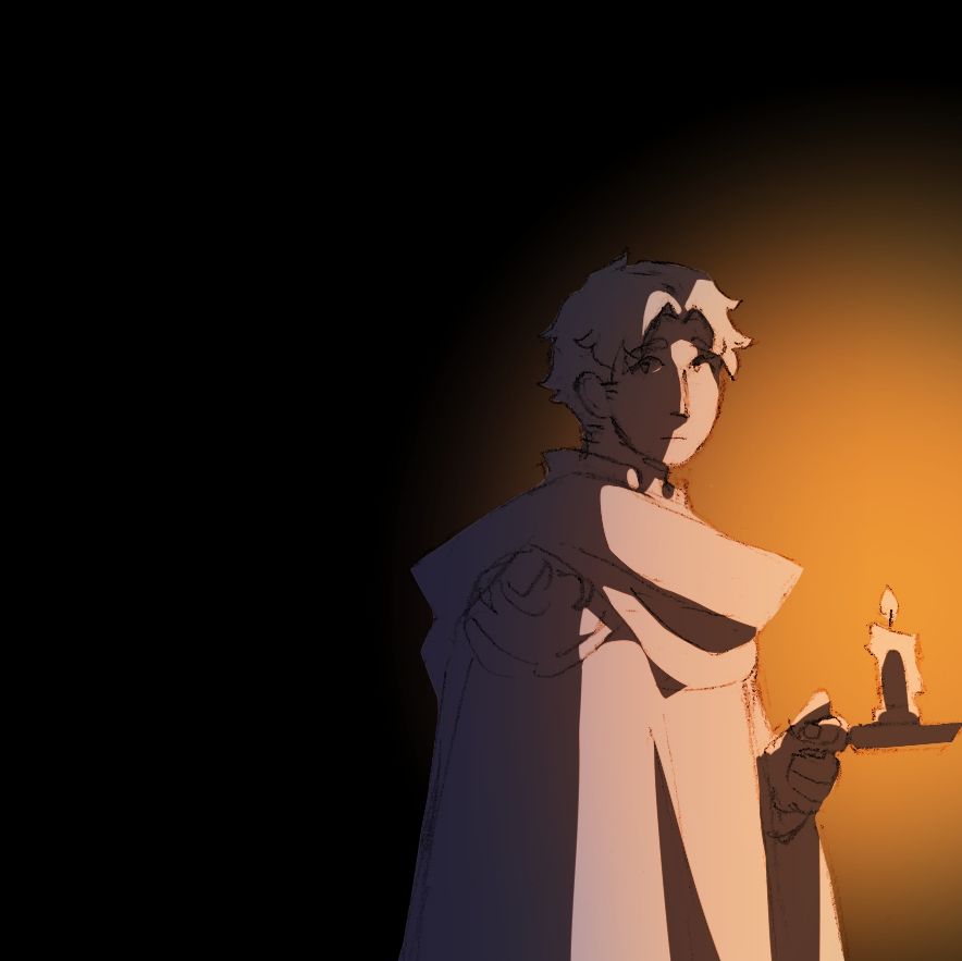 pencil drawing of edwin looking like he did at the start of the campaign with short hair and mage's robes, holding a candle. the drawing is gone over with color digitally to give dramatic shading to it.