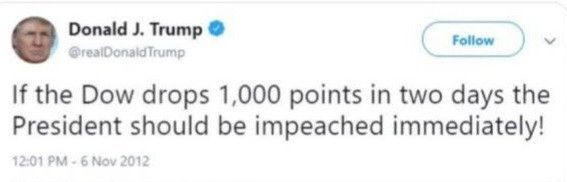 Screenshot of tweet from @realDonaldTrump, 6 Nov 2012, reading: "If the Dow drops 1,000 points in two days the President should be impeached immediately!"