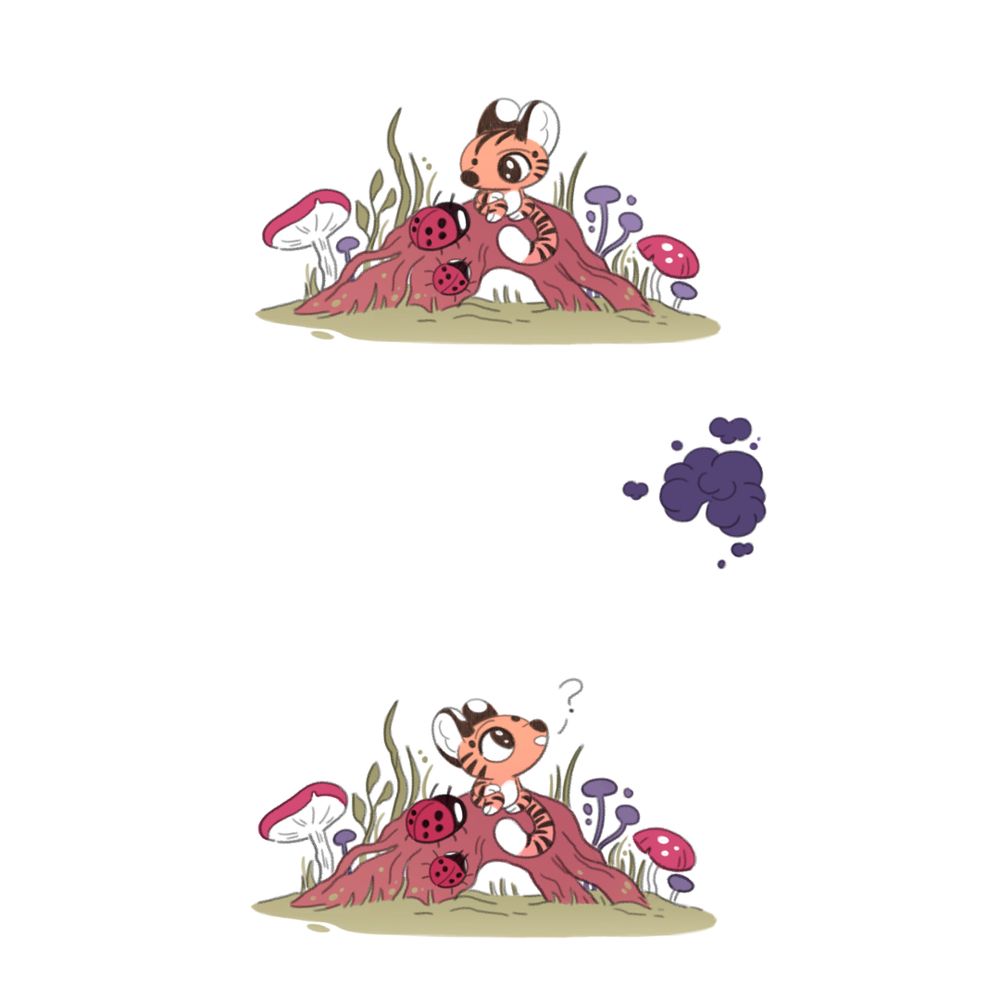 tigermouse sits on a tree root, ladybirds for company. Above a spot of dark cloud begins to form..