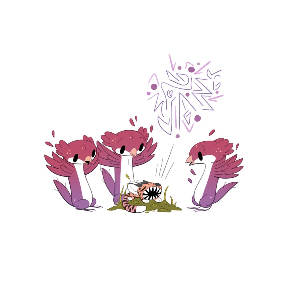 tigermouse yawns in his sleep, revealing huge teeth, the sparroweasels jump back, startled 